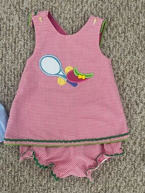 Pink Gingham Girls' Matching Set with Tennis Appliqué
